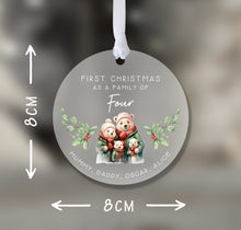 Load image into Gallery viewer, Personalised Frosted Family of Four First Christmas Decoration
