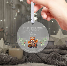 Load image into Gallery viewer, Personalised Frosted Family of Three First Christmas Decoration
