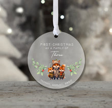 Load image into Gallery viewer, Personalised Frosted Family of Three First Christmas Decoration
