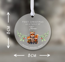 Load image into Gallery viewer, Personalised Frosted Family of Three First Christmas Decoration
