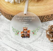 Load image into Gallery viewer, Personalised Frosted Family of Three First Christmas Decoration
