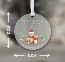 Load image into Gallery viewer, Personalised Frosted Family of Three First Christmas Decoration
